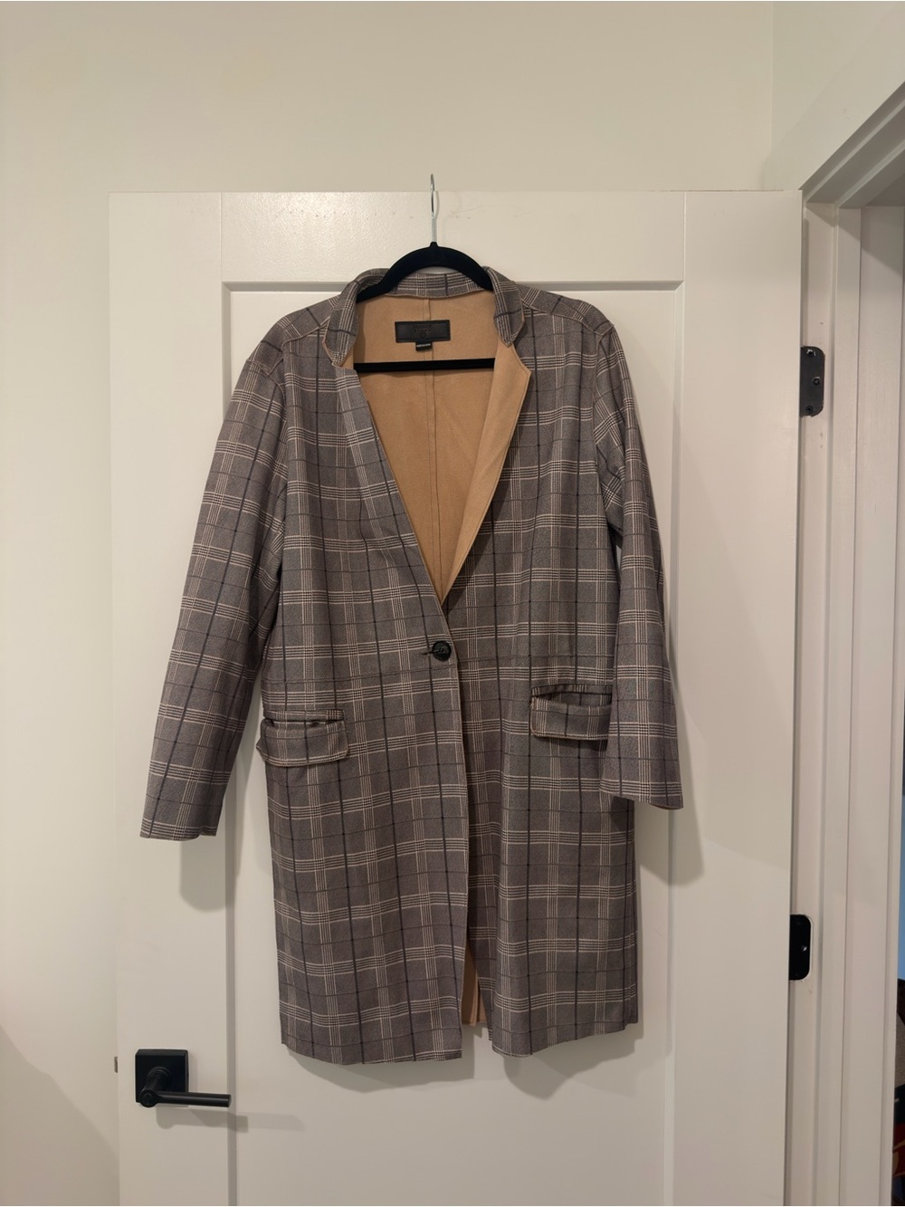 Blank NYC Gray Plaid Single-Button Trench Coat with Camel Lining